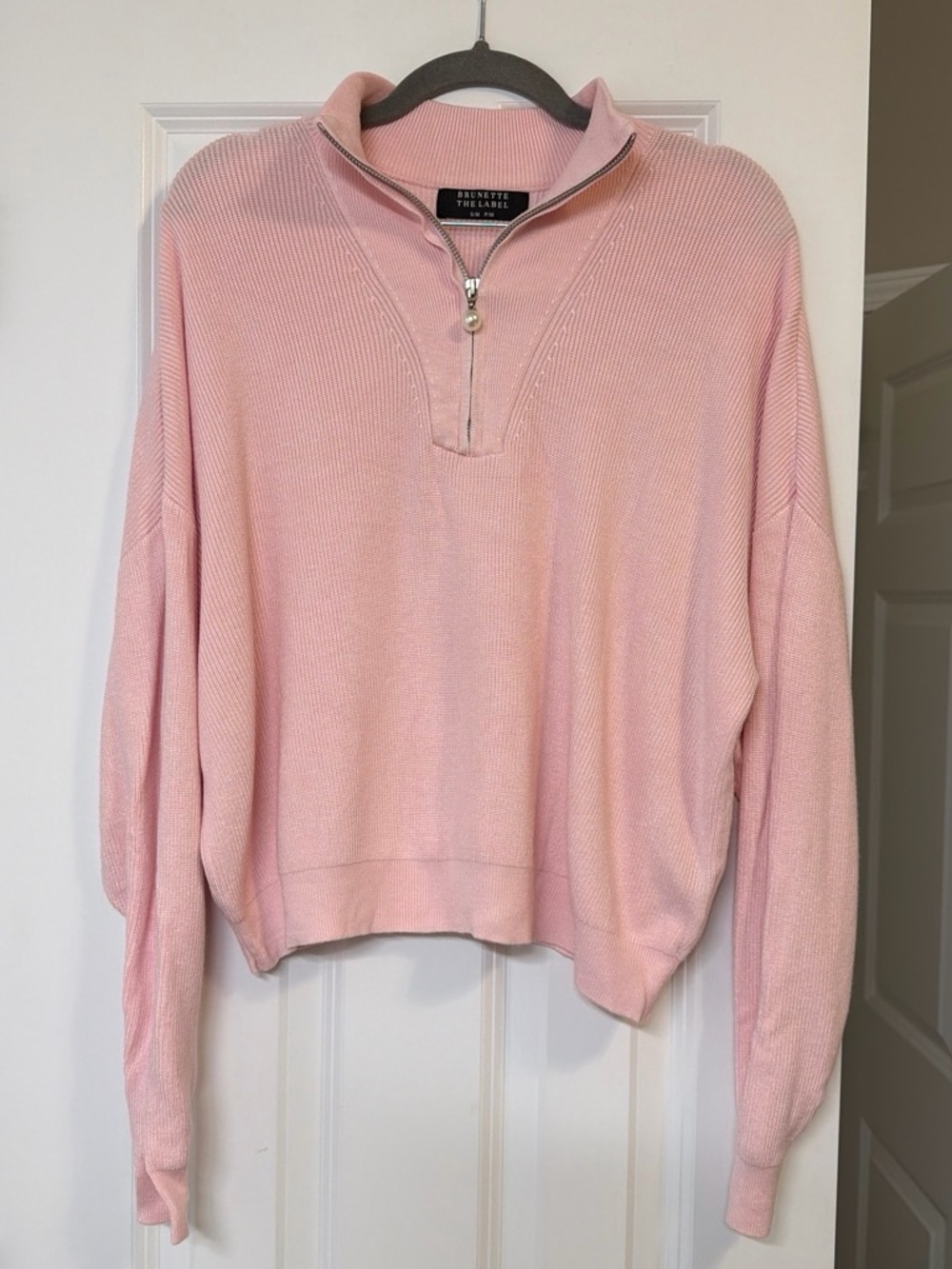Brunette The Label Soft Pink Half-Zip Ribbed Pullover